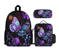 VFKLT Purple Butterfly And Flowers Backpack with Lunch Box Pencil Case 3 Piece Set Travel Bag Casual Daypack Laptop Backpack, White, One Size, Travel Backpacks