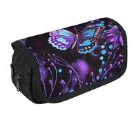 VFKLT Purple Butterfly And Flowers Pencil Case Double Layer Pencil Pouch Large Capacity Pencil Bag Double Zipper Portable Pen Case Makeup Bag for Men Women Travel Business Office