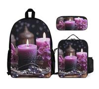 VFKLT Purple Flowers And Candles Backpack with Lunch Box Pencil Case 3 Piece Set Travel Bag Casual Daypack Laptop Backpack, White, One Size, Travel Backpacks