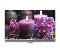 VFKLT Purple Flowers And Candles Business Card Holder Pocket Slim Portable Metal Business Card Case Business Card Organizer Credit Card Wallet Multi Card Case for Men Women Travel Office, silver, One