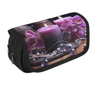 VFKLT Purple Flowers And Candles Pencil Case Double Layer Pencil Pouch Large Capacity Pencil Bag Double Zipper Portable Pen Case Makeup Bag for Men Women Travel Business Office