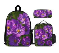 VFKLT Purple Flowers Backpack with Lunch Box Pencil Case 3 Piece Set Travel Bag Casual Daypack Laptop Backpack, White, One Size, Travel Backpacks