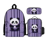 VFKLT Purple Striped Panda Backpack with Lunch Box Pencil Case 3 Piece Set Travel Bag Casual Daypack Laptop Backpack, White, One Size, Travel Backpacks