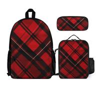 VFKLT Red And Black Plaid Backpack with Lunch Box Pencil Case 3 Piece Set Travel Bag Casual Daypack Laptop Backpack, White, One Size, Travel Backpacks