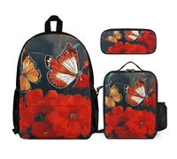 VFKLT Red Flowers And Butterflies Backpack with Lunch Box Pencil Case 3 Piece Set Travel Bag Casual Daypack Laptop Backpack, White, One Size, Travel Backpacks