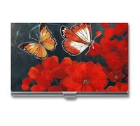 VFKLT Red Flowers And Butterflies Business Card Holder Pocket Slim Portable Metal Business Card Case Business Card Organizer Credit Card Wallet Multi Card Case for Men Women Travel Office, silver, One