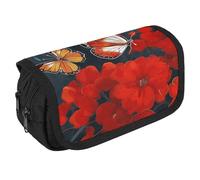 VFKLT Red Flowers And Butterflies Pencil Case Double Layer Pencil Pouch Large Capacity Pencil Bag Double Zipper Portable Pen Case Makeup Bag for Men Women Travel Business Office