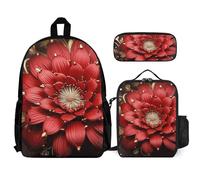 VFKLT Red Gold Flower Backpack with Lunch Box Pencil Case 3 Piece Set Travel Bag Casual Daypack Laptop Backpack, White, One Size, Travel Backpacks