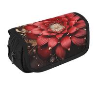 VFKLT Red Gold Flower Pencil Case Double Layer Pencil Pouch Large Capacity Pencil Bag Double Zipper Portable Pen Case Makeup Bag for Men Women Travel Business Office