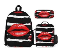 VFKLT Red Lips Kiss Backpack with Lunch Box Pencil Case 3 Piece Set Travel Bag Casual Daypack Laptop Backpack, White, One Size, Travel Backpacks
