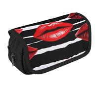 VFKLT Red Lips Kiss Pencil Case Double Layer Pencil Pouch Large Capacity Pencil Bag Double Zipper Portable Pen Case Makeup Bag for Men Women Travel Business Office