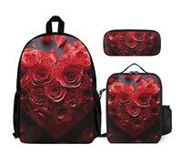 VFKLT Red Rose Love Heart Backpack with Lunch Box Pencil Case 3 Piece Set Travel Bag Casual Daypack Laptop Backpack, White, One Size, Travel Backpacks