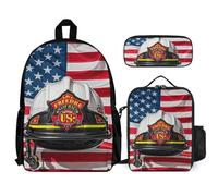 VFKLT Red Stripe Firefighter USA Flag Backpack with Lunch Box Pencil Case 3 Piece Set Travel Bag Casual Daypack Laptop Backpack, White, One Size, Travel Backpacks