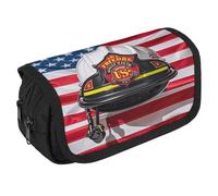 VFKLT Red Stripe Firefighter USA Flag Pencil Case Double Layer Pencil Pouch Large Capacity Pencil Bag Double Zipper Portable Pen Case Makeup Bag for Men Women Travel Business Office