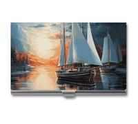 VFKLT Sailing Landscape Business Card Holder Pocket Slim Portable Metal Business Card Case Business Card Organizer Credit Card Wallet Multi Card Case for Men Women Travel Office, silver, One Size,