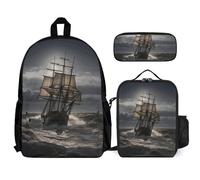 VFKLT Sailing Ship in Storm Backpack with Lunch Box Pencil Case 3 Piece Set Travel Bag Casual Daypack Laptop Backpack, White, One Size, Travel Backpacks