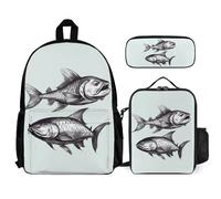 VFKLT Sketch Fish Backpack with Lunch Box Pencil Case 3 Piece Set Travel Bag Casual Daypack Laptop Backpack, White, One Size, Travel Backpacks