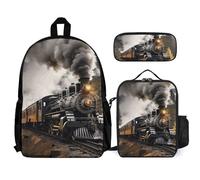 VFKLT Steam Train Backpack with Lunch Box Pencil Case 3 Piece Set Travel Bag Casual Daypack Laptop Backpack, White, One Size, Travel Backpacks