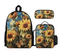 VFKLT Sunflowers And Butterflies Backpack with Lunch Box Pencil Case 3 Piece Set Travel Bag Casual Daypack Laptop Backpack, White, One Size, Travel Backpacks
