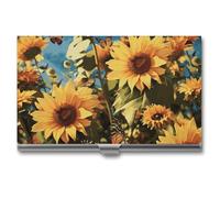 VFKLT Sunflowers And Butterflies Business Card Holder Pocket Slim Portable Metal Business Card Case Business Card Organizer Credit Card Wallet Multi Card Case for Men Women Travel Office, silver, One