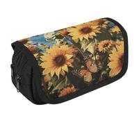 VFKLT Sunflowers And Butterflies Pencil Case Double Layer Pencil Pouch Large Capacity Pencil Bag Double Zipper Portable Pen Case Makeup Bag for Men Women Travel Business Office