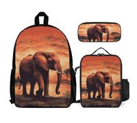 VFKLT Sunset Elephant Backpack with Lunch Box Pencil Case 3 Piece Set Travel Bag Casual Daypack Laptop Backpack, White, One Size, Travel Backpacks