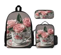 VFKLT Tea Cups with Roses Romantic Shabby Backpack with Lunch Box Pencil Case 3 Piece Set Travel Bag Casual Daypack Laptop Backpack, White, One Size, Travel Backpacks