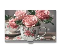 VFKLT Tea Cups with Roses Romantic Shabby Business Card Holder Pocket Slim Portable Metal Business Card Case Business Card Organizer Credit Card Wallet Multi Card Case for Men Women Travel Office,