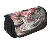 VFKLT Tea Cups with Roses Romantic Shabby Pencil Case Double Layer Pencil Pouch Large Capacity Pencil Bag Double Zipper Portable Pen Case Makeup Bag for Men Women Travel Business Office
