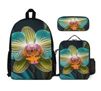 VFKLT Teal And Orange Orchid Backpack with Lunch Box Pencil Case 3 Piece Set Travel Bag Casual Daypack Laptop Backpack, White, One Size, Travel Backpacks
