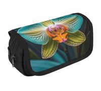 VFKLT Teal And Orange Orchid Pencil Case Double Layer Pencil Pouch Large Capacity Pencil Bag Double Zipper Portable Pen Case Makeup Bag for Men Women Travel Business Office