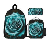 VFKLT Teal Gray Rose Backpack with Lunch Box Pencil Case 3 Piece Set Travel Bag Casual Daypack Laptop Backpack, White, One Size, Travel Backpacks