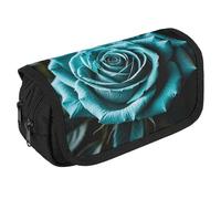 VFKLT Teal Gray Rose Pencil Case Double Layer Pencil Pouch Large Capacity Pencil Bag Double Zipper Portable Pen Case Makeup Bag for Men Women Travel Business Office