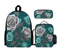 VFKLT Teal Grey Rose Backpack with Lunch Box Pencil Case 3 Piece Set Travel Bag Casual Daypack Laptop Backpack, White, One Size, Travel Backpacks