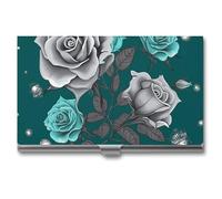VFKLT Teal Grey Rose Business Card Holder Pocket Slim Portable Metal Business Card Case Business Card Organizer Credit Card Wallet Multi Card Case for Men Women Travel Office, silver, One Size, Casual