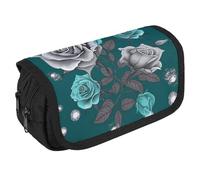 VFKLT Teal Grey Rose Pencil Case Double Layer Pencil Pouch Large Capacity Pencil Bag Double Zipper Portable Pen Case Makeup Bag for Men Women Travel Business Office
