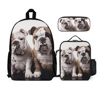 VFKLT Two Cute Bulldog Dogs Backpack with Lunch Box Pencil Case 3 Piece Set Travel Bag Casual Daypack Laptop Backpack, White, One Size, Travel Backpacks