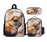 VFKLT Watercolor Acoustic Guitar Backpack with Lunch Box Pencil Case 3 Piece Set Travel Bag Casual Daypack Laptop Backpack, White, One Size, Travel Backpacks
