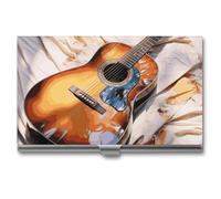 VFKLT Watercolor Acoustic Guitar Business Card Holder Pocket Slim Portable Metal Business Card Case Business Card Organizer Credit Card Wallet Multi Card Case for Men Women Travel Office, silver, One