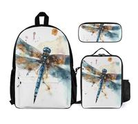VFKLT Watercolour Dragonfly Backpack with Lunch Box Pencil Case 3 Piece Set Travel Bag Casual Daypack Laptop Backpack, White, One Size, Travel Backpacks
