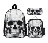 VFKLT White And Gray Skull Graphics Backpack with Lunch Box Pencil Case 3 Piece Set Travel Bag Casual Daypack Laptop Backpack, White, One Size, Travel Backpacks