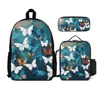 VFKLT White Butterflies Backpack with Lunch Box Pencil Case 3 Piece Set Travel Bag Casual Daypack Laptop Backpack, White, One Size, Travel Backpacks