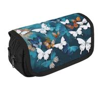 VFKLT White Butterflies Pencil Case Double Layer Pencil Pouch Large Capacity Pencil Bag Double Zipper Portable Pen Case Makeup Bag for Men Women Travel Business Office