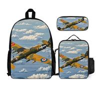 VFKLT World War 2 Aircraft Airplane Backpack with Lunch Box Pencil Case 3 Piece Set Travel Bag Casual Daypack Laptop Backpack, White, One Size, Travel Backpacks