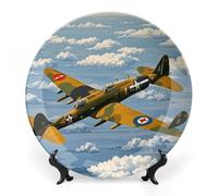 VFKLT World War 2 Aircraft Airplane Printed Pattern Ceramic Plate Dinner Plates Bone China Decorative Plates with Display Stand Art Ceramic Ornaments for Wall Hanging Decoration 7inch