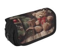 VFKLT Xmas Tree Branch Bear Doll Pencil Case Double Layer Pencil Pouch Large Capacity Pencil Bag Double Zipper Portable Pen Case Makeup Bag for Men Women Travel Business Office