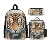 VFKLT Year of The Tiger Tiger Face Backpack with Lunch Box Pencil Case 3 Piece Set Travel Bag Casual Daypack Laptop Backpack, White, One Size, Travel Backpacks
