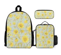 VFKLT Yellow Flower Backpack with Lunch Box Pencil Case 3 Piece Set Travel Bag Casual Daypack Laptop Backpack, White, One Size, Travel Backpacks