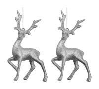 VFM e-Store - Christmas Tree Decoration Glitter Reindeer Ornament X 2 Stocking Filler Xmas Present Celebration Festive Winter Ornaments - 16cmx10cmx4cm Silver