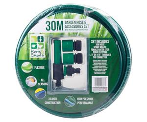 VFM - Garden Hose & Connector 4 Piece Set 30M Reinforced Pipe - Roots & Shoots